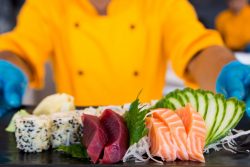 A tray of sushi being served