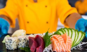 A tray of sushi being served